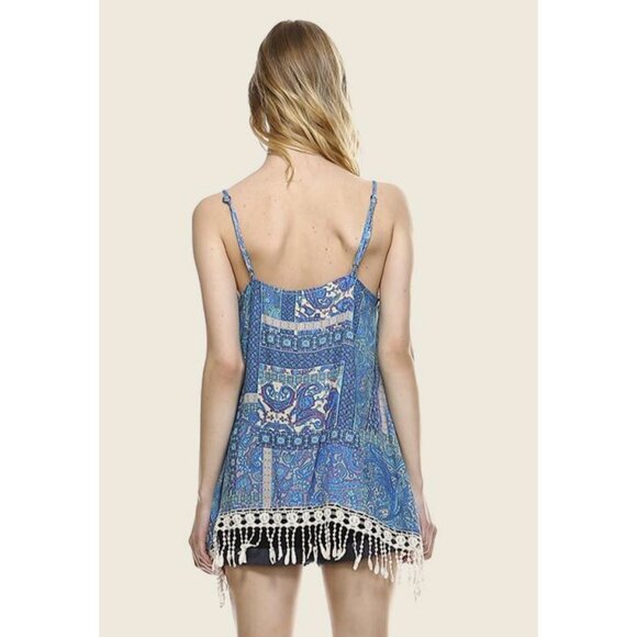 Turquoise Cream Paisley BOHO Hippie Asymmetrical Scarf Hem Festival Tank Top SM - Picture 2 of 2